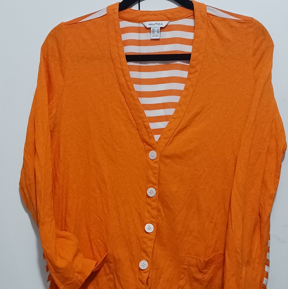 Nautica Orange Cardigan with White Stripes